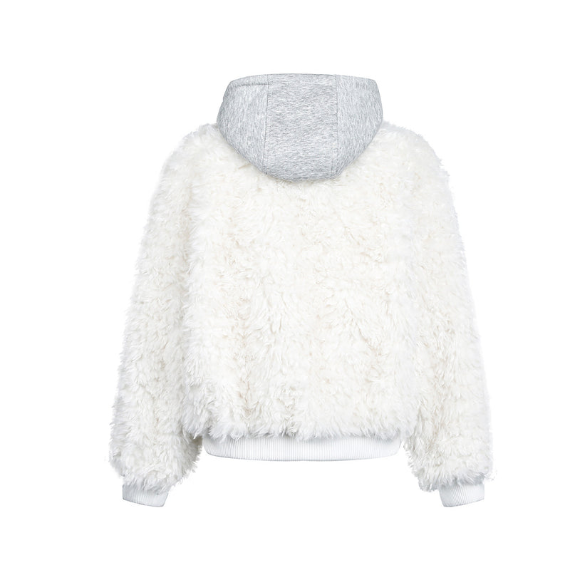 White Fleece Fur Hooded Zip Up Jackets