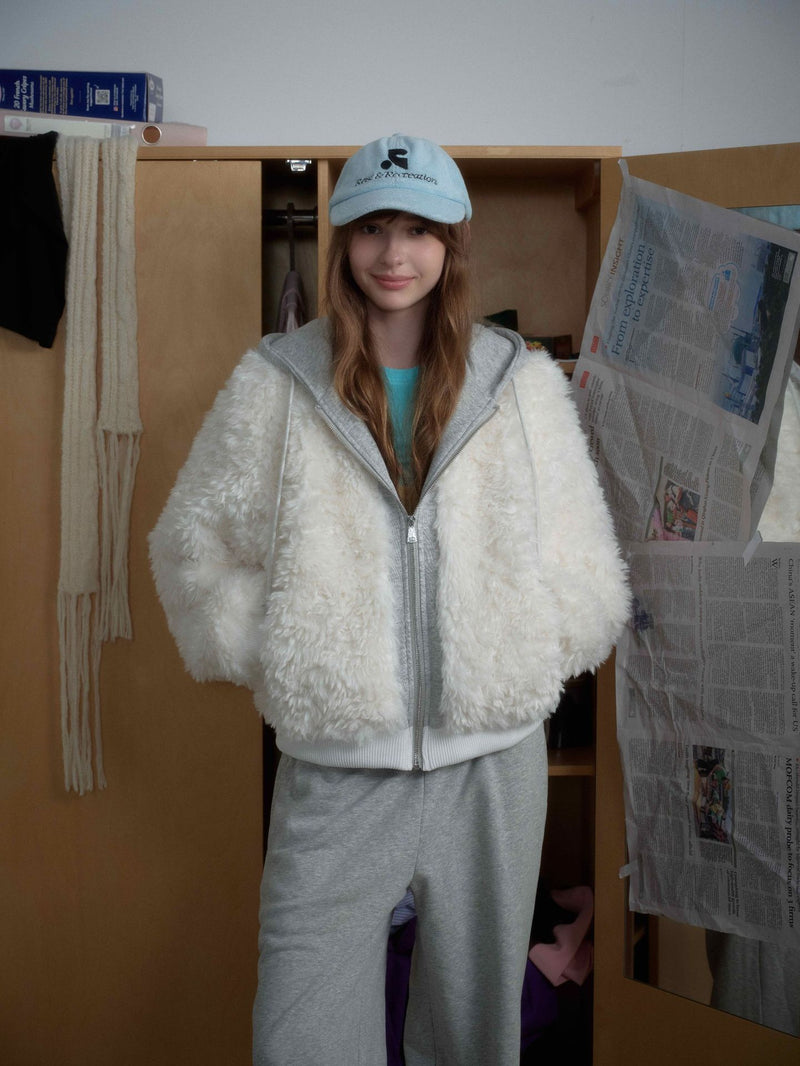 White Fleece Fur Hooded Zip Up Jackets