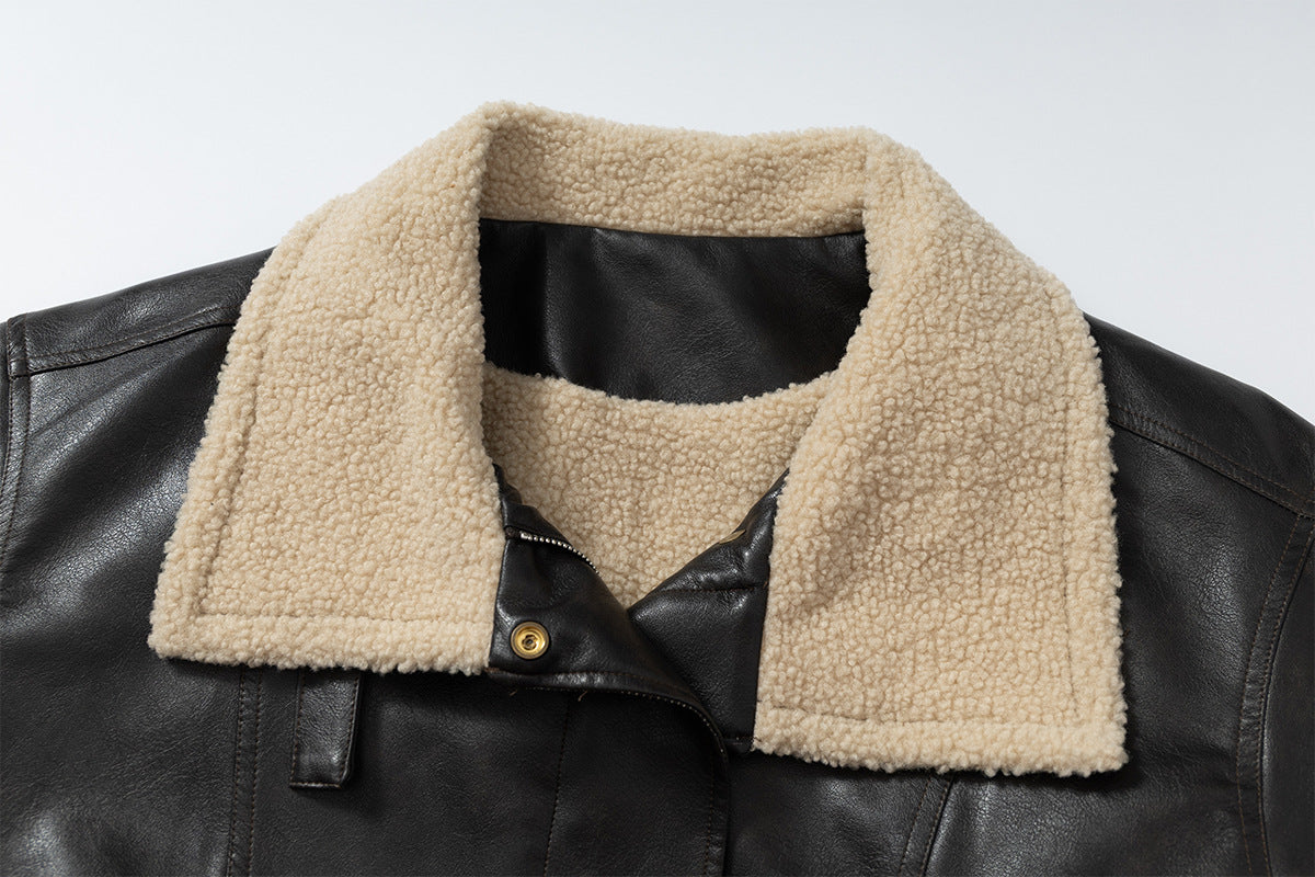 Oversize Fleece Lining Faux Leather Flight Bomber Jacket