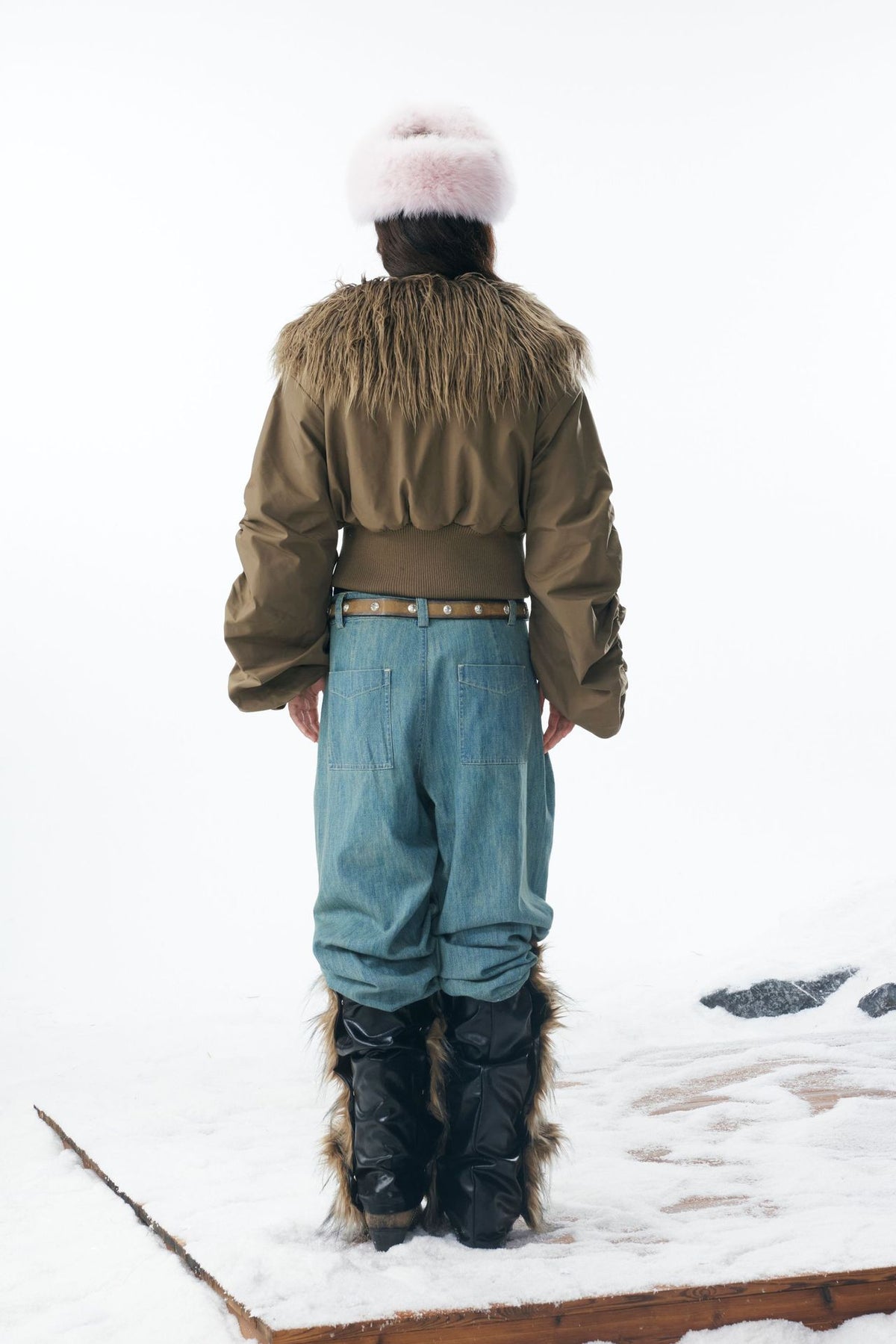 Brown Faux Fur Cropped Zip-Up Bomber