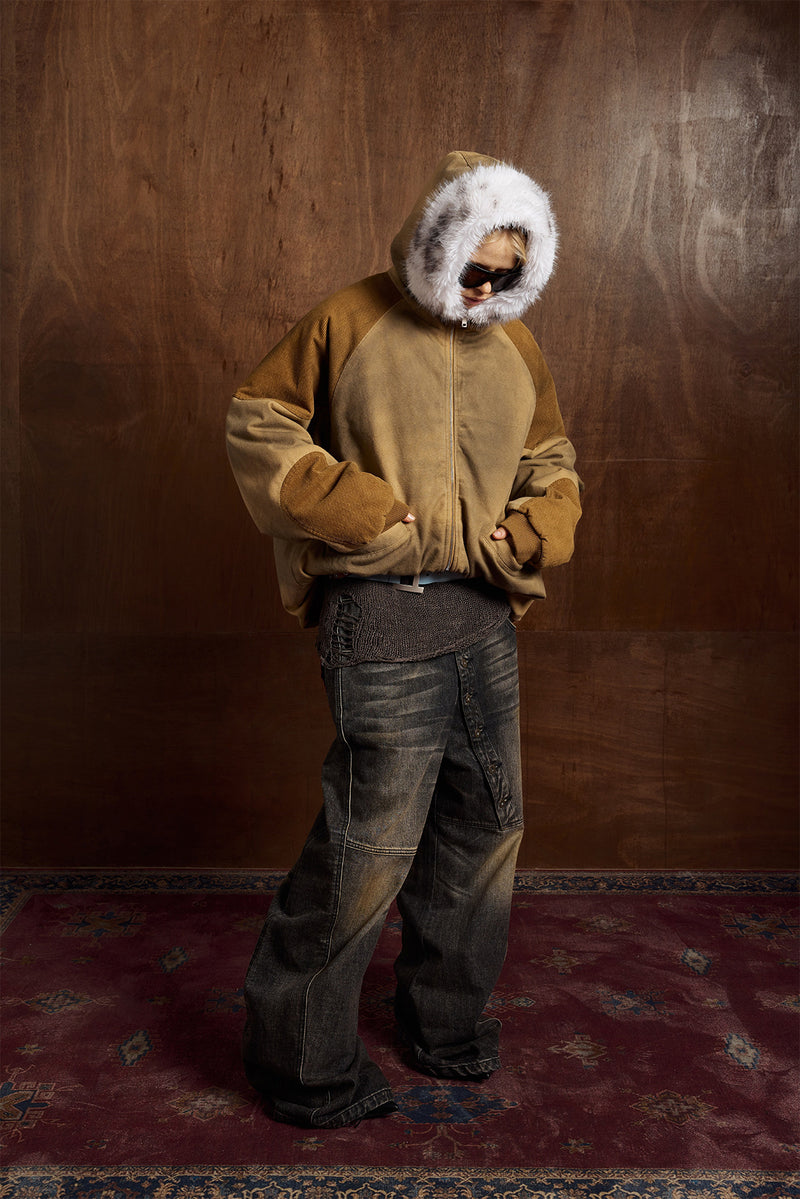 Patched Faux Fur Hooded Flight Zip-up Bomber