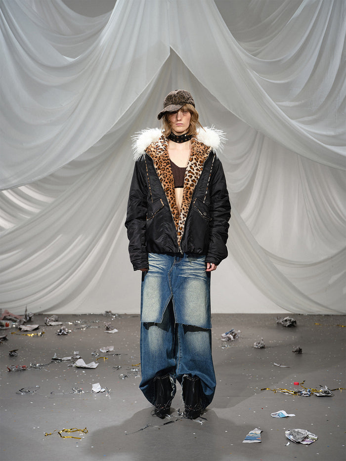 Leopard Fleeced Faux Fur Hooded Flight Jackets