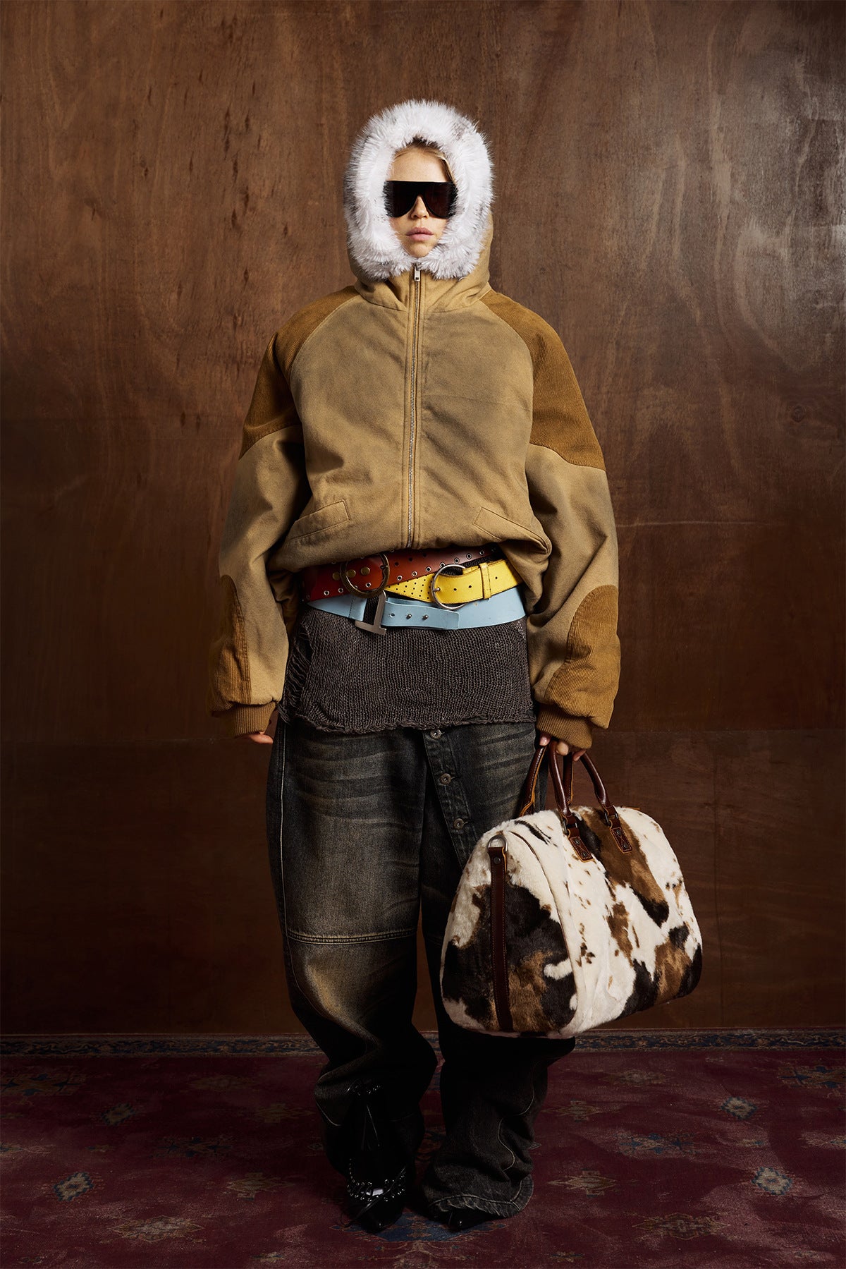 Patched Faux Fur Hooded Flight Zip-up Bomber