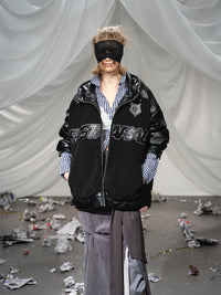 Fleeced Faux Leather Hooded Zip-Up Funnel Jacket