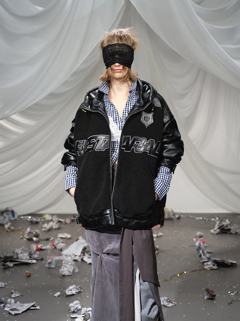 Fleeced Faux Leather Hooded Zip-Up Funnel Jacket