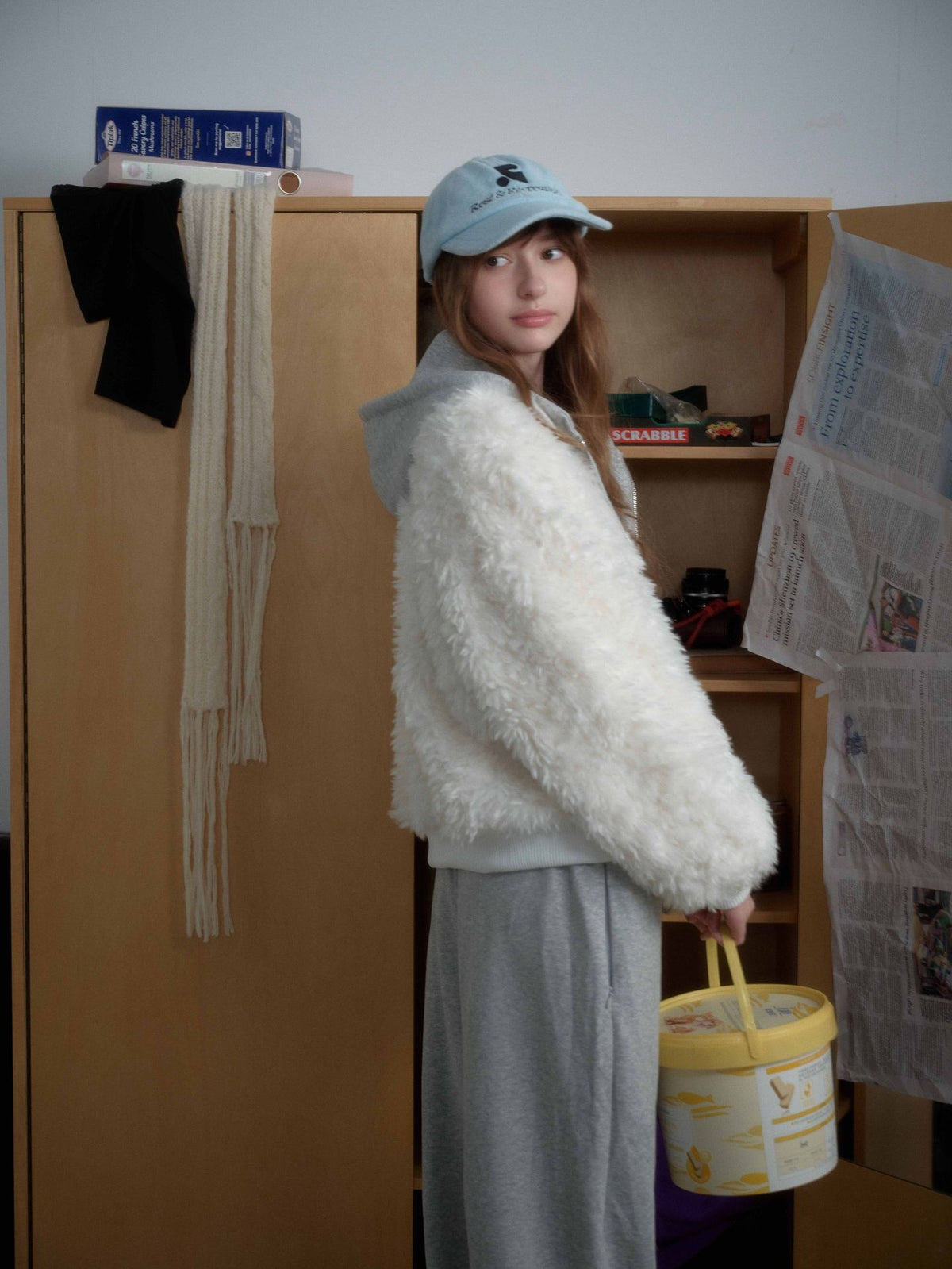 White Fleece Fur Hooded Zip Up Jackets