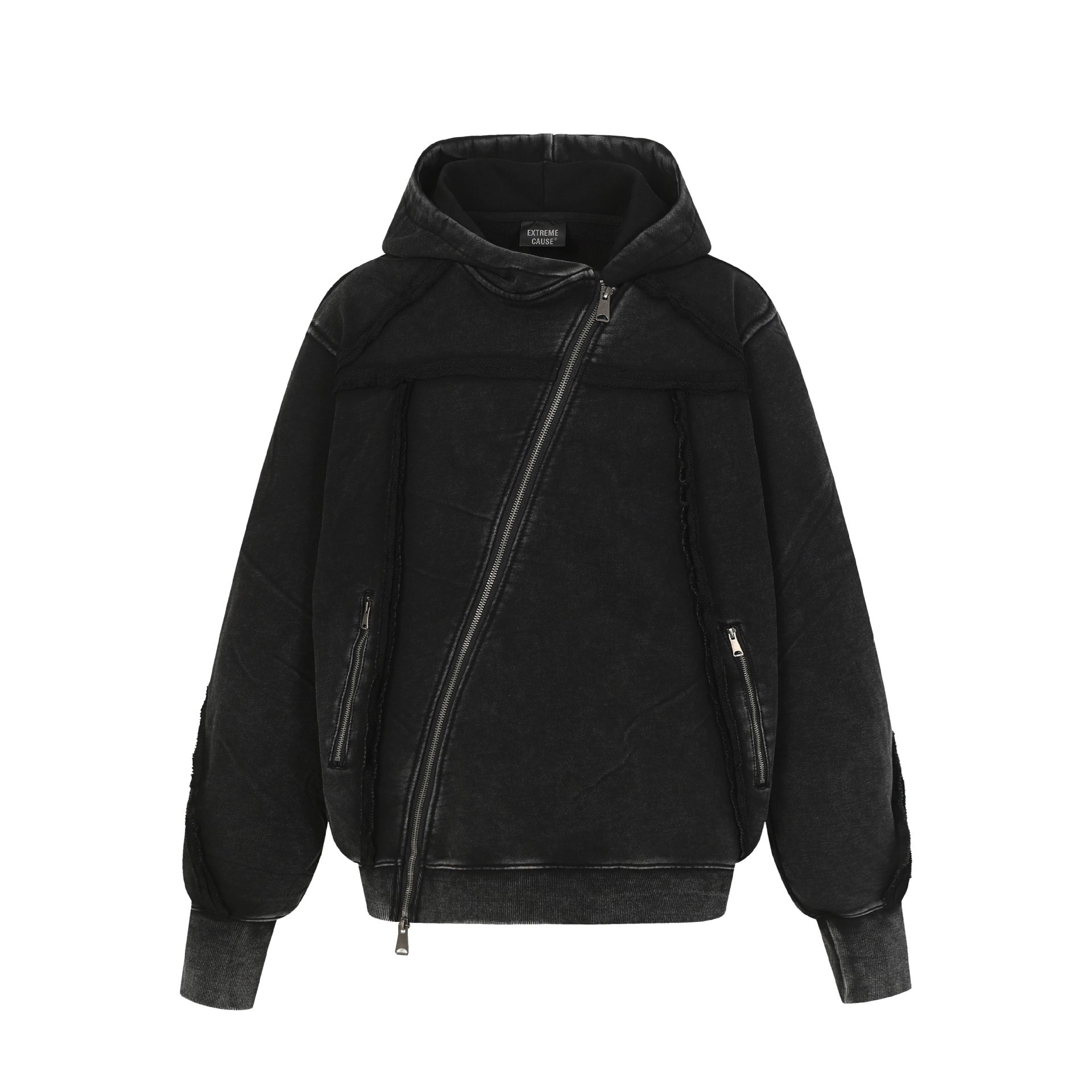 Symmetrical Distressed Zip Up Hoodie