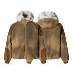 Patched Faux Fur Hooded Flight Zip-up Bomber