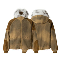 Patched Faux Fur Hooded Flight Zip-up Bomber