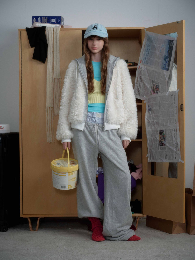 White Fleece Fur Hooded Zip Up Jackets