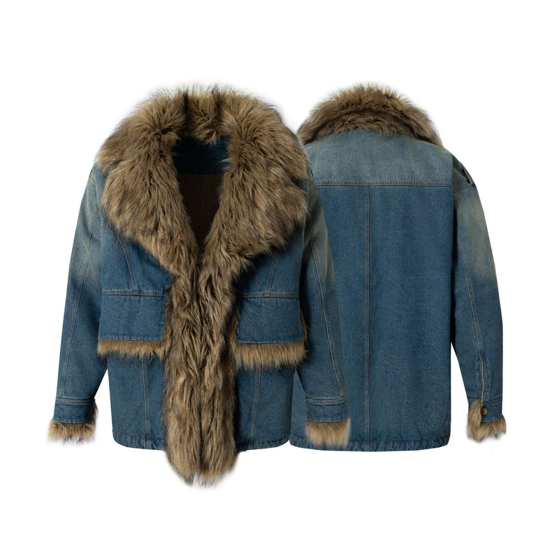 Faux Fur Dropped Shoulder Denim Coat