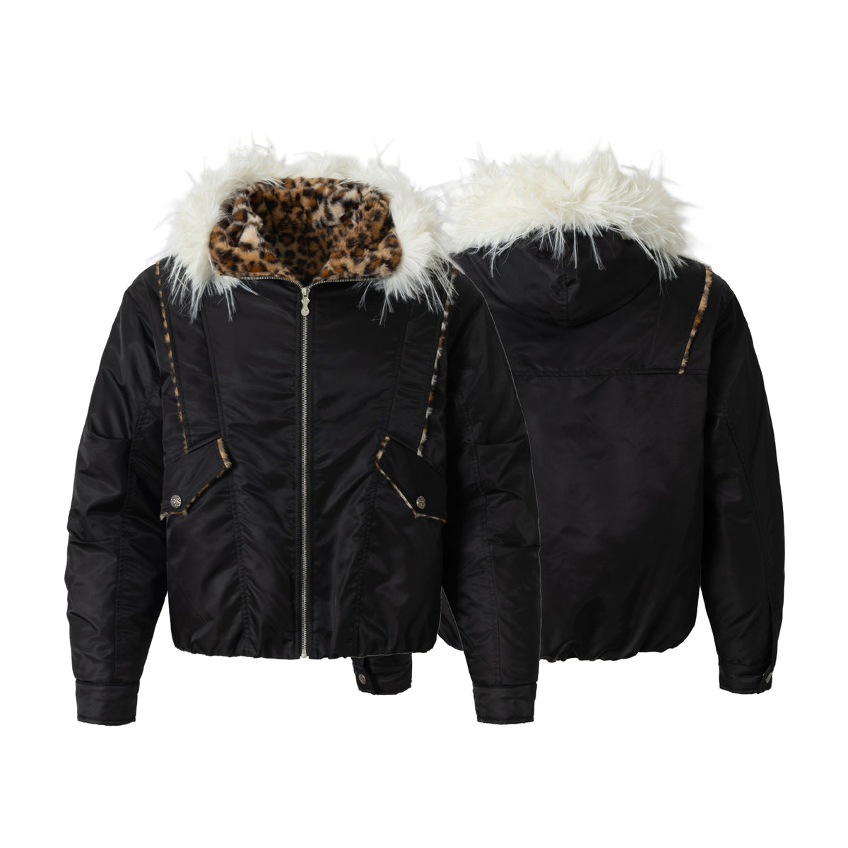 Leopard Fleeced Faux Fur Hooded Flight Jackets