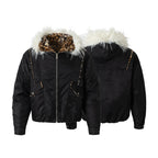 Leopard Fleeced Faux Fur Hooded Flight Jackets