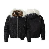 Leopard Fleeced Faux Fur Hooded Flight Jackets