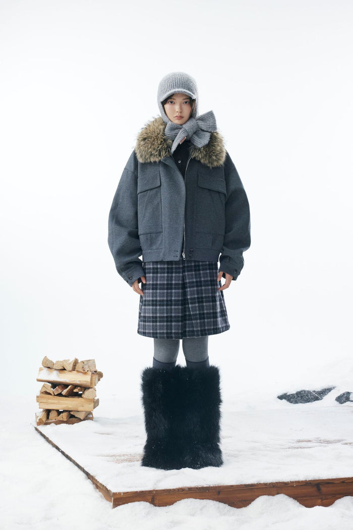 Grey Detachable Faux Fur Neck Hiking Jacket