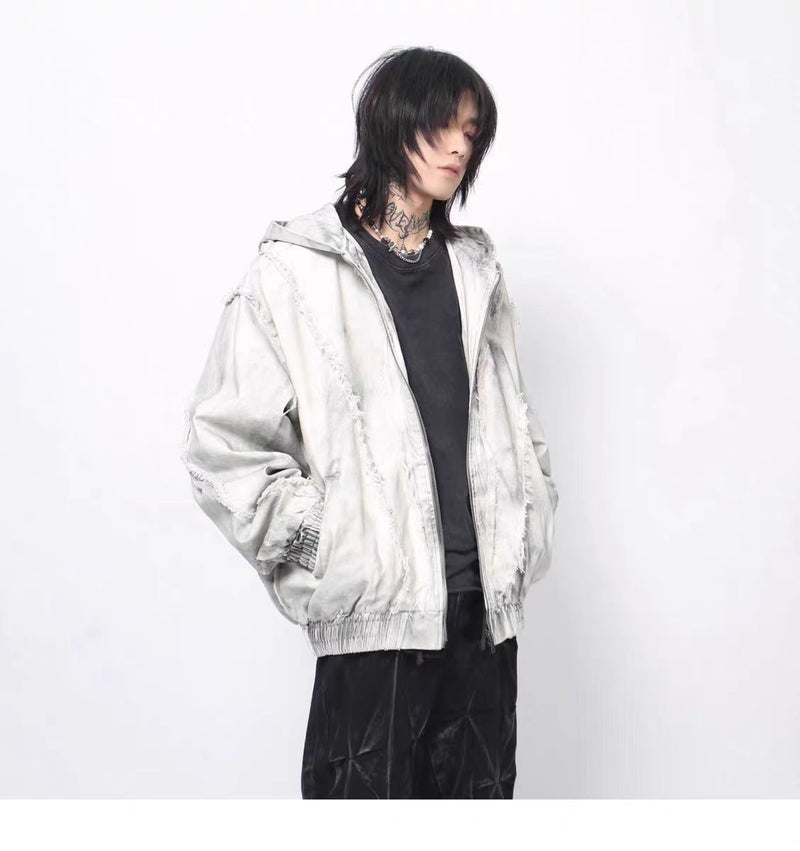 Grey Mess Distressed Zip-Up Hooded Jacket