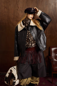 Oversize Fleece Lining Faux Leather Flight Bomber Jacket