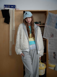 White Fleece Fur Hooded Zip Up Jackets