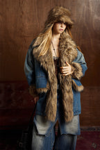 Faux Fur Dropped Shoulder Denim Coat