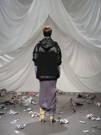 Fleeced Faux Leather Hooded Zip-Up Funnel Jacket