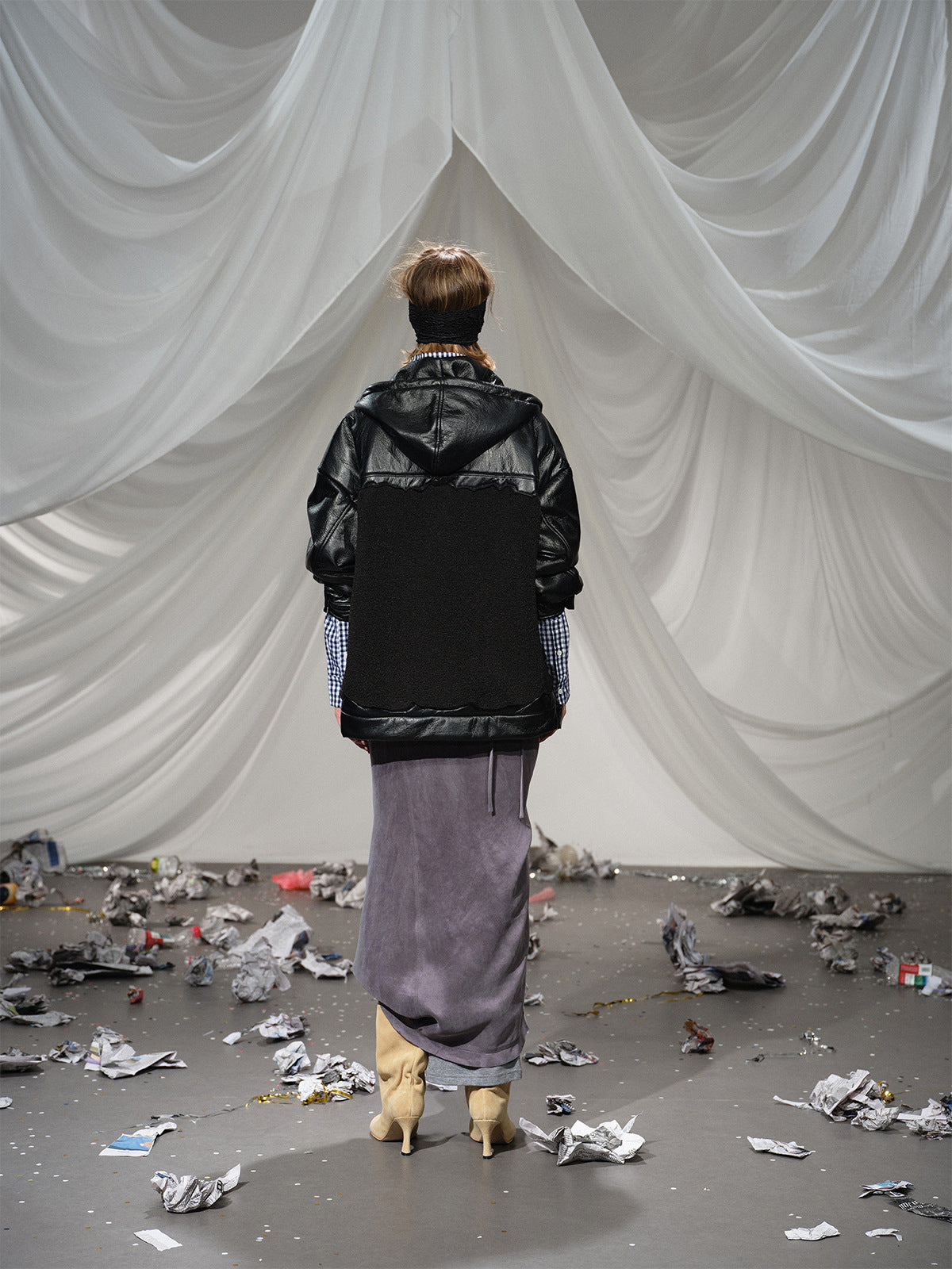 Fleeced Faux Leather Hooded Zip-Up Funnel Jacket