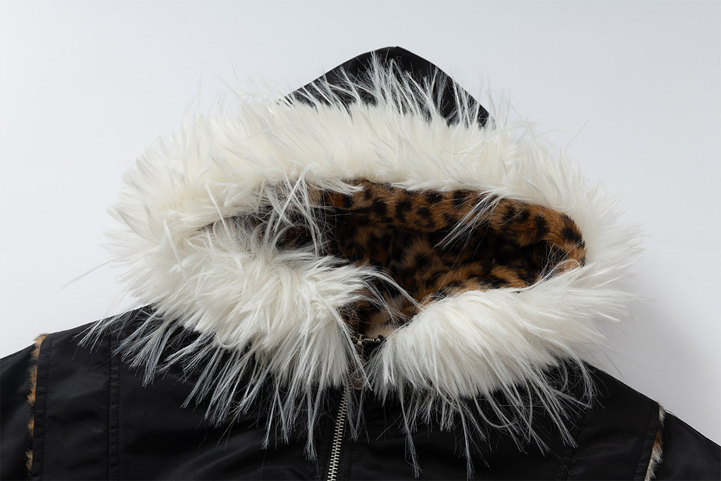 Leopard Fleeced Faux Fur Hooded Flight Jackets