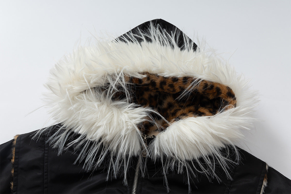 Leopard Fleeced Faux Fur Hooded Flight Jackets