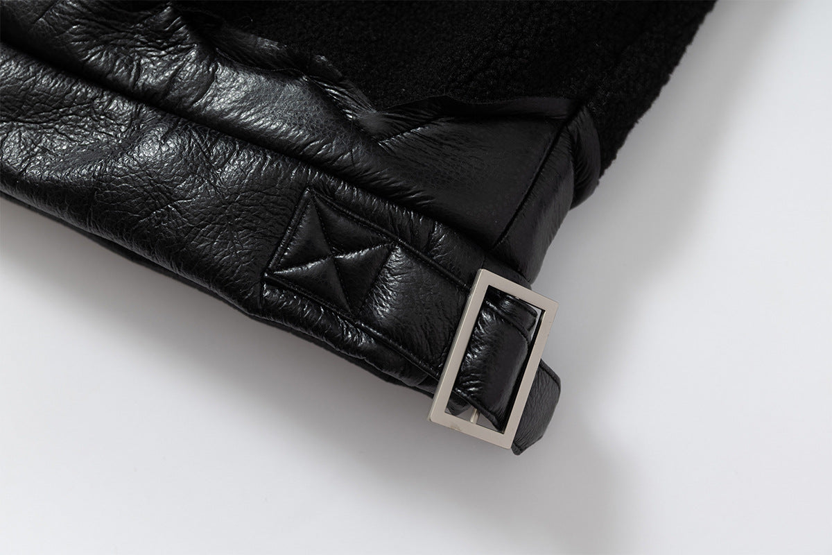 Fleeced Faux Leather Hooded Zip-Up Funnel Jacket