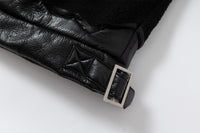 Fleeced Faux Leather Hooded Zip-Up Funnel Jacket