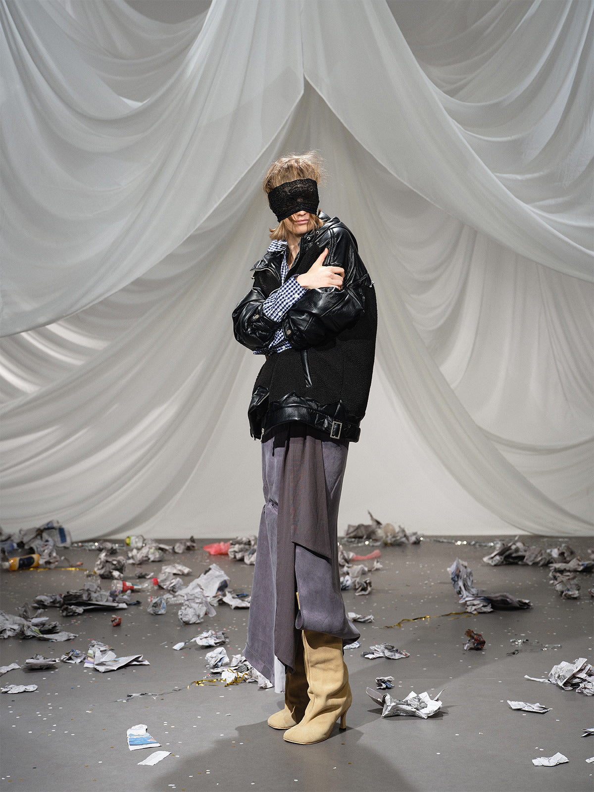 Fleeced Faux Leather Hooded Zip-Up Funnel Jacket