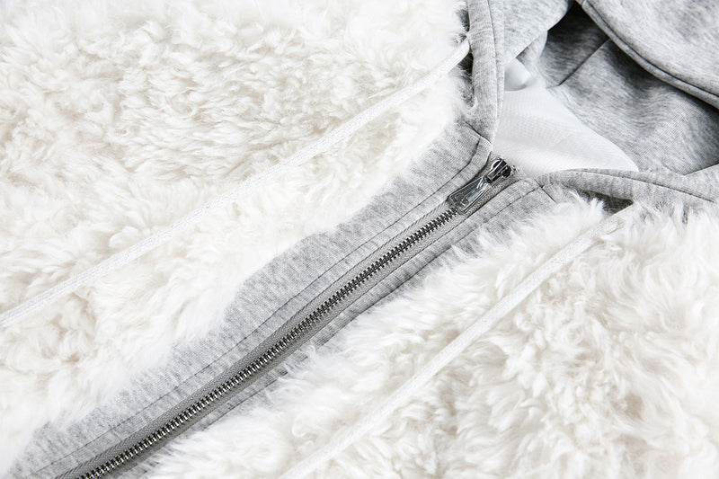 White Fleece Fur Hooded Zip Up Jackets