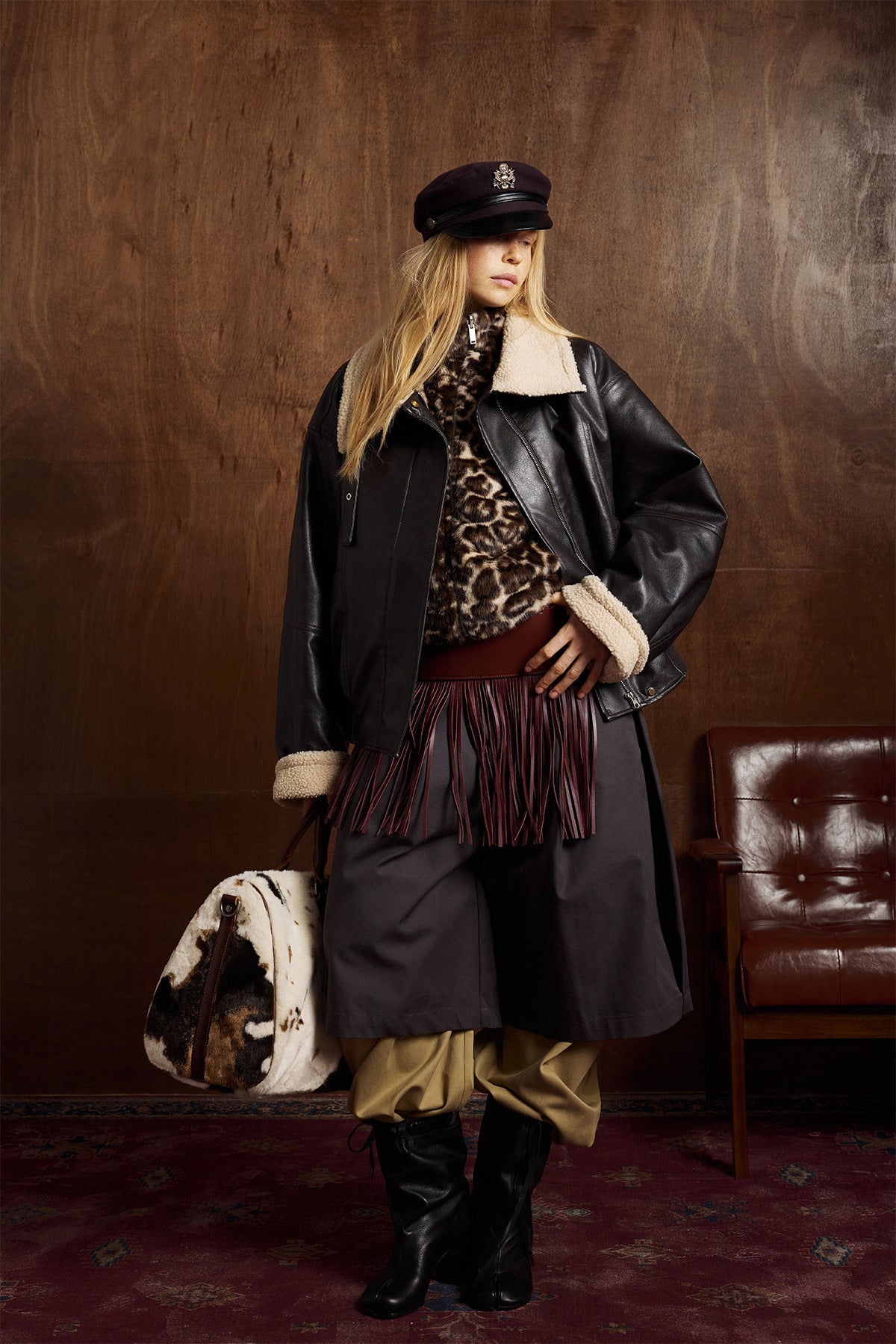 Oversize Fleece Lining Faux Leather Flight Bomber Jacket