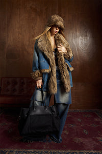 Faux Fur Dropped Shoulder Denim Coat