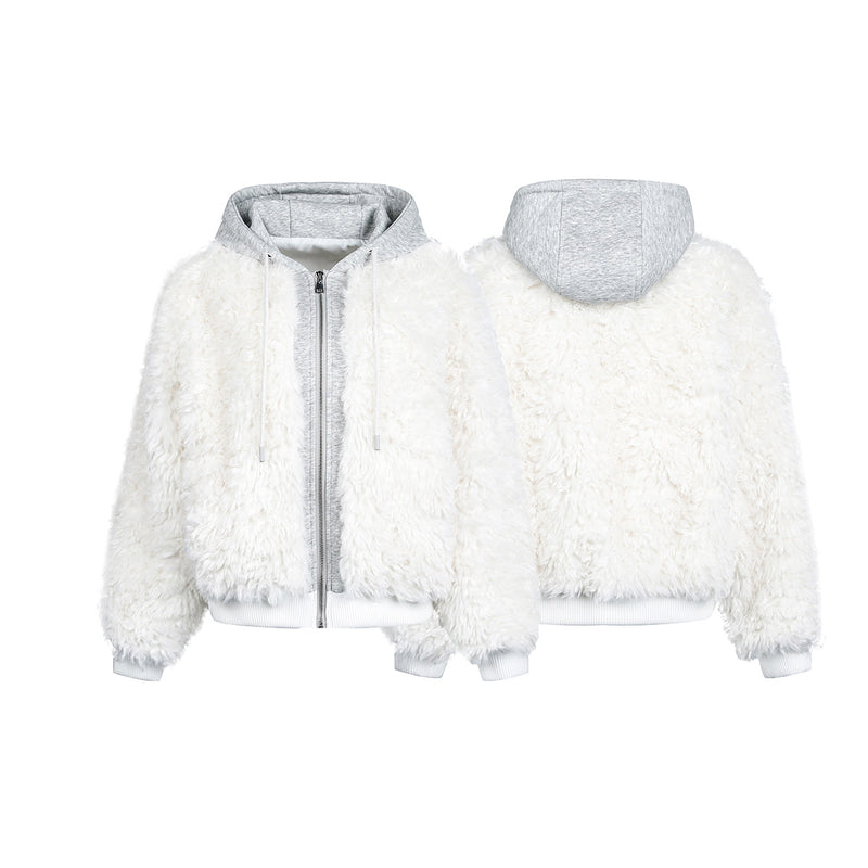 White Fleece Fur Hooded Zip Up Jackets