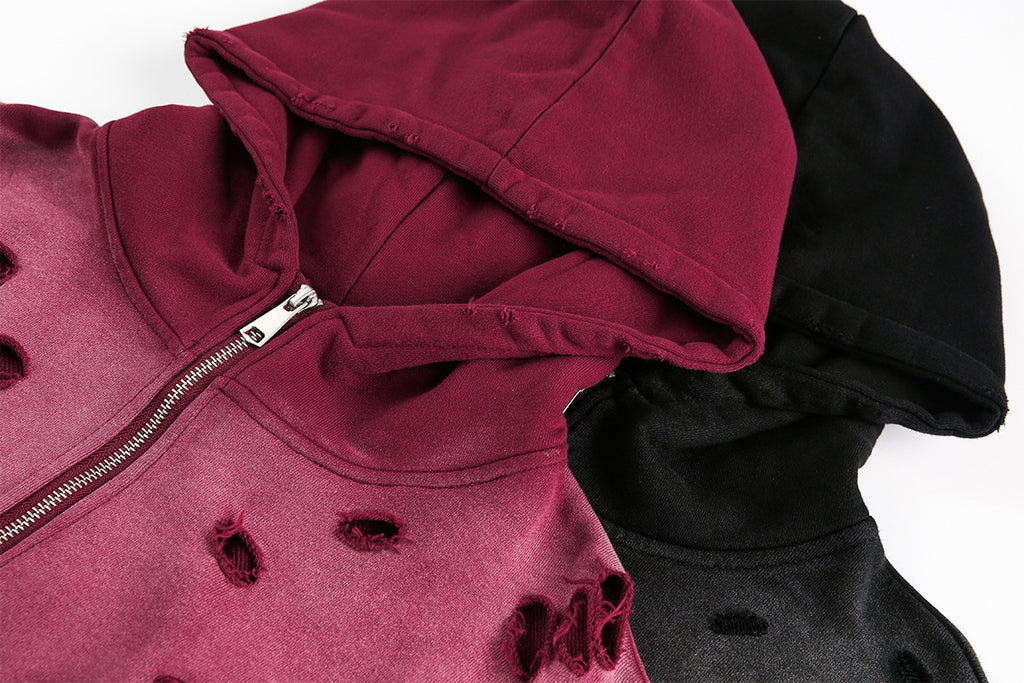 B Ripped Semi Zip-Up Hoodie