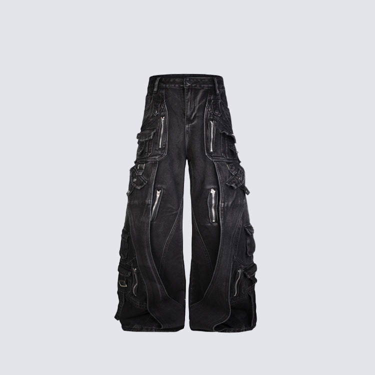 Black Biker Curved Baggy Pants
