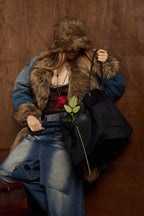 Faux Fur Dropped Shoulder Denim Coat