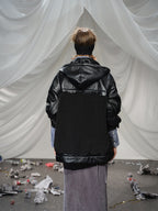 Fleeced Faux Leather Hooded Zip-Up Funnel Jacket