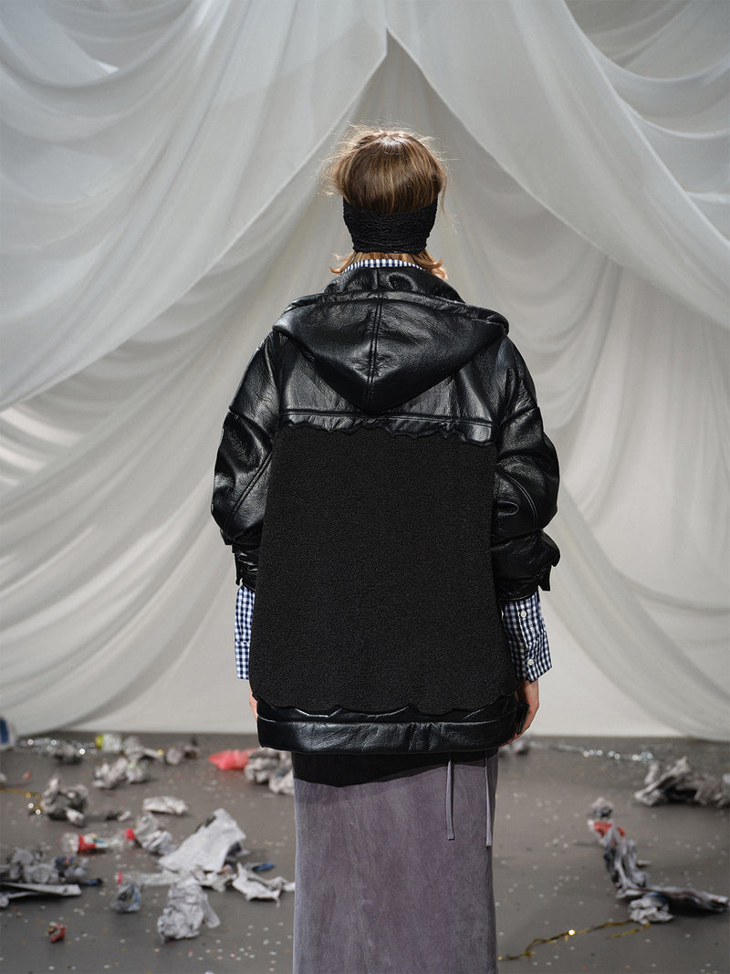 Fleeced Faux Leather Hooded Zip-Up Funnel Jacket