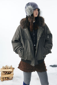 Grey Faux Fur Hooded Flight Jacket