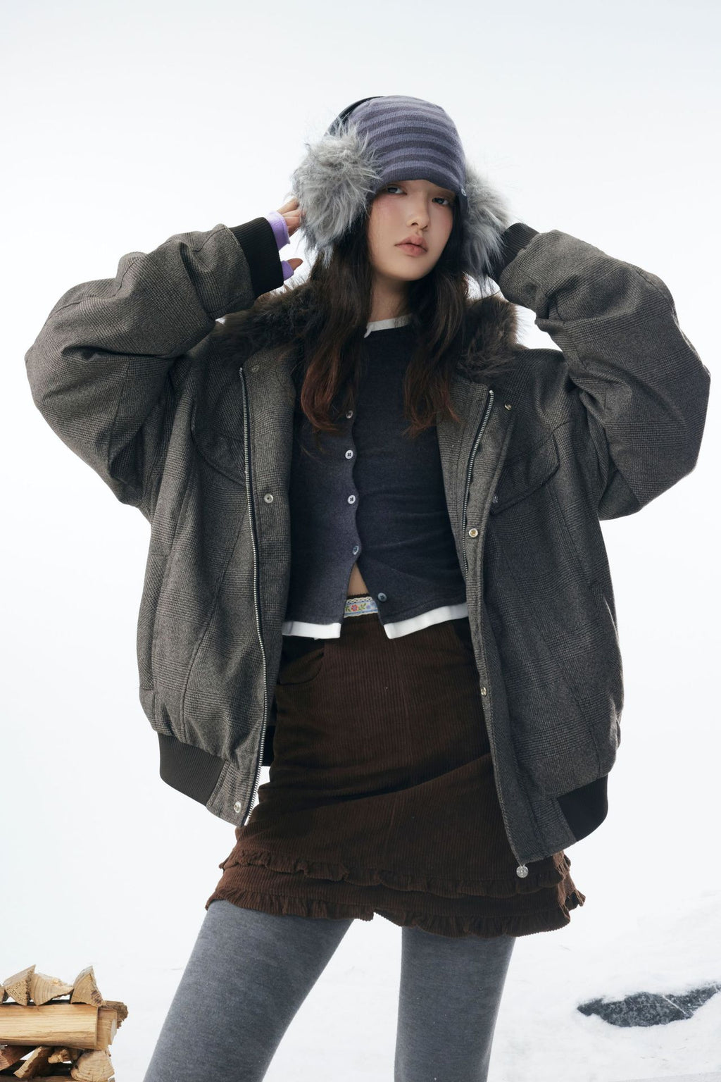 Grey Faux Fur Hooded Flight Jacket