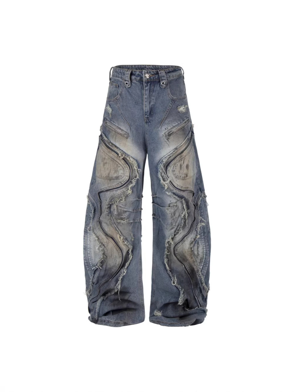 Baggy Curved Wave Distressed Denim Pants