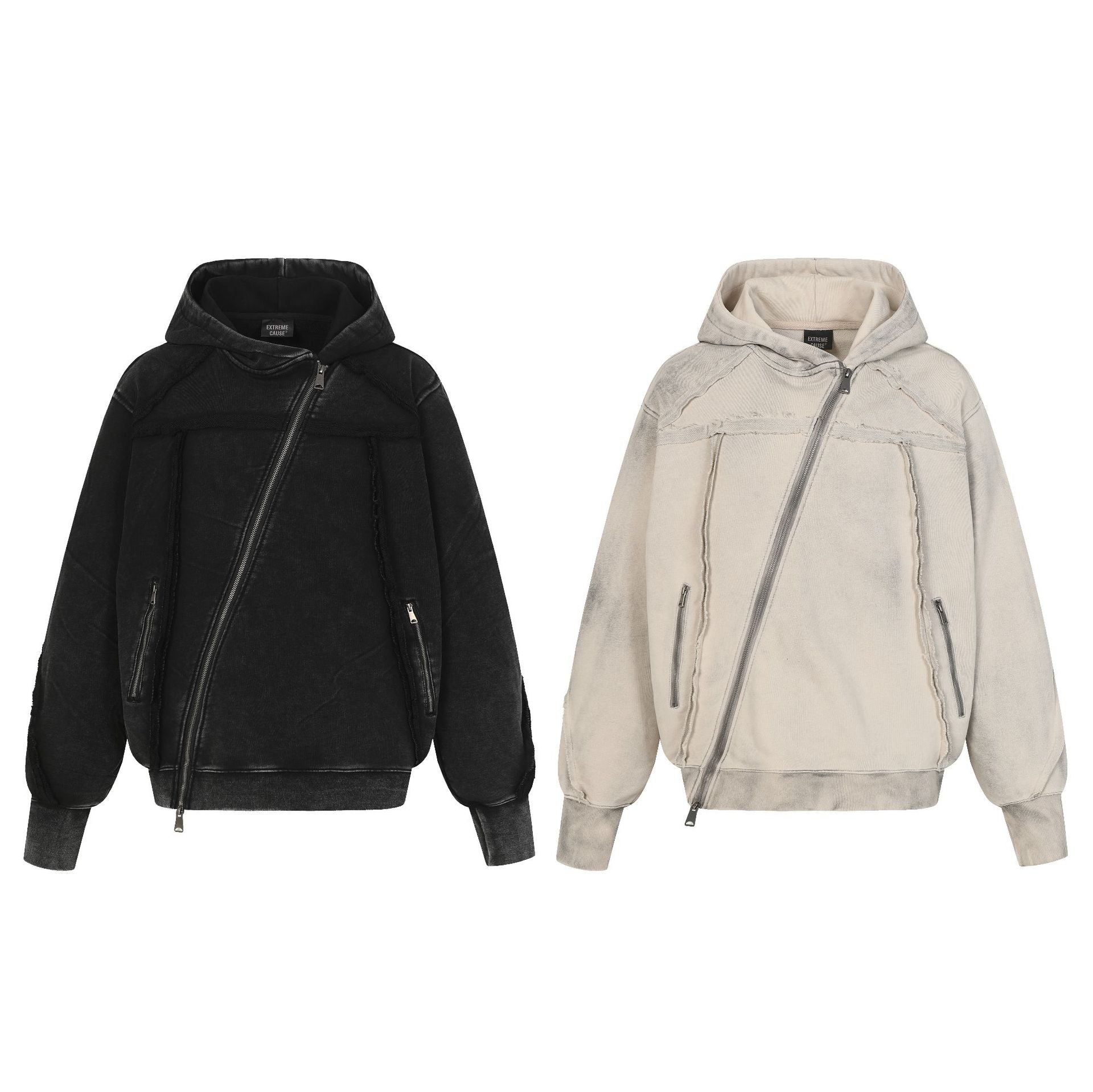 Symmetrical Distressed Zip Up Hoodie