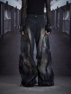 Baggy Curved Wave Distressed Denim Pants