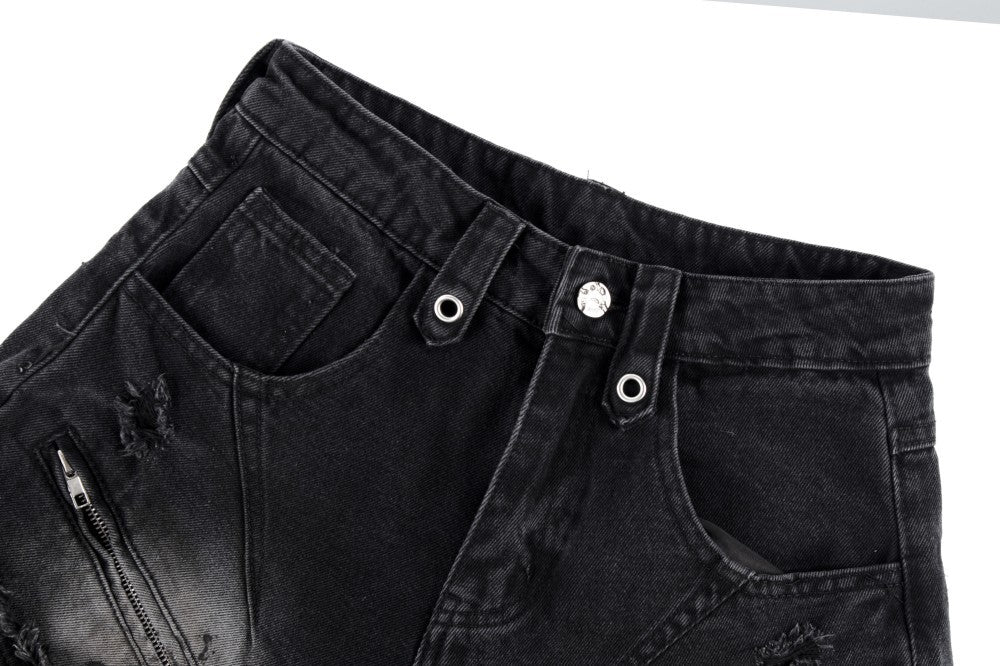 Baggy Curved Wave Distressed Denim Pants