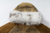 Patched Faux Fur Hooded Flight Zip-up Bomber