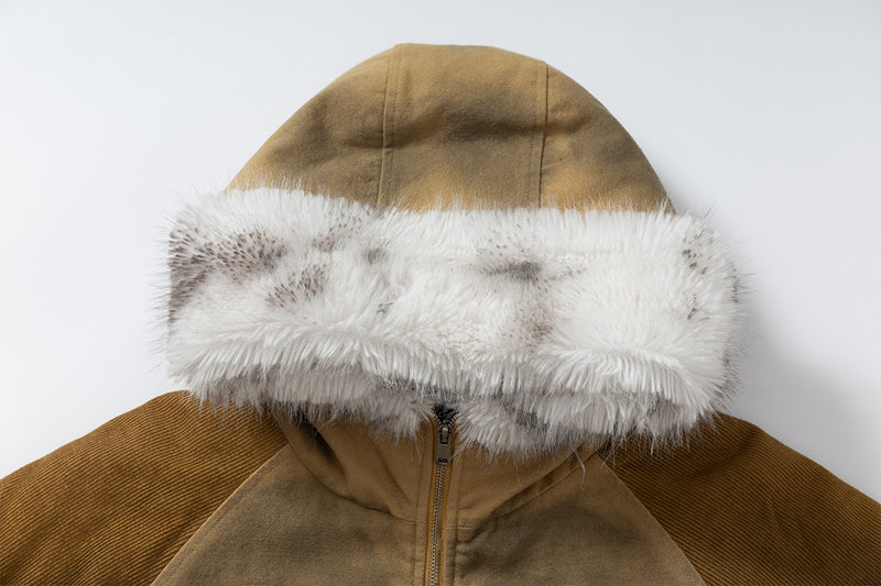 Patched Faux Fur Hooded Flight Zip-up Bomber