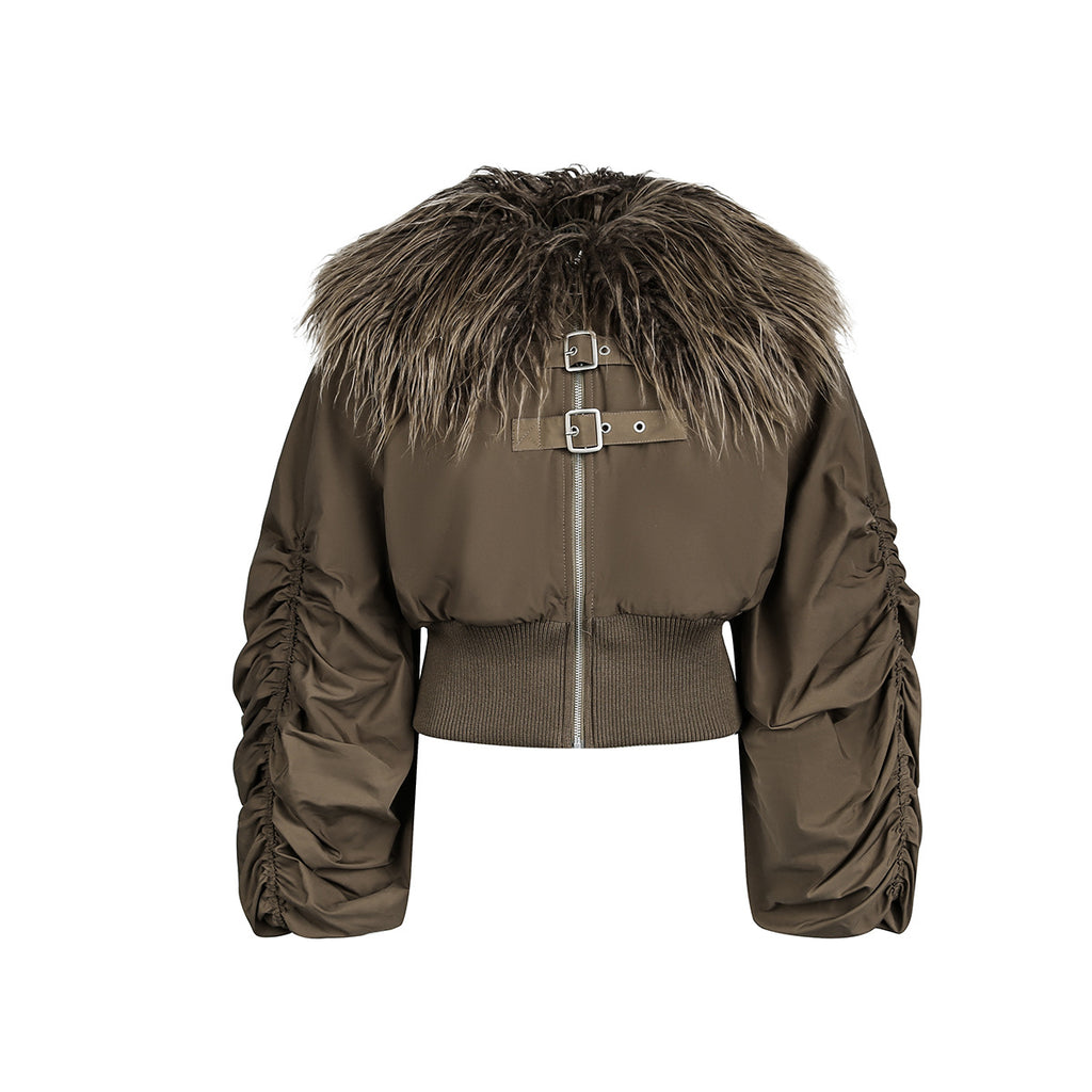 Brown Faux Fur Cropped Zip-Up Bomber