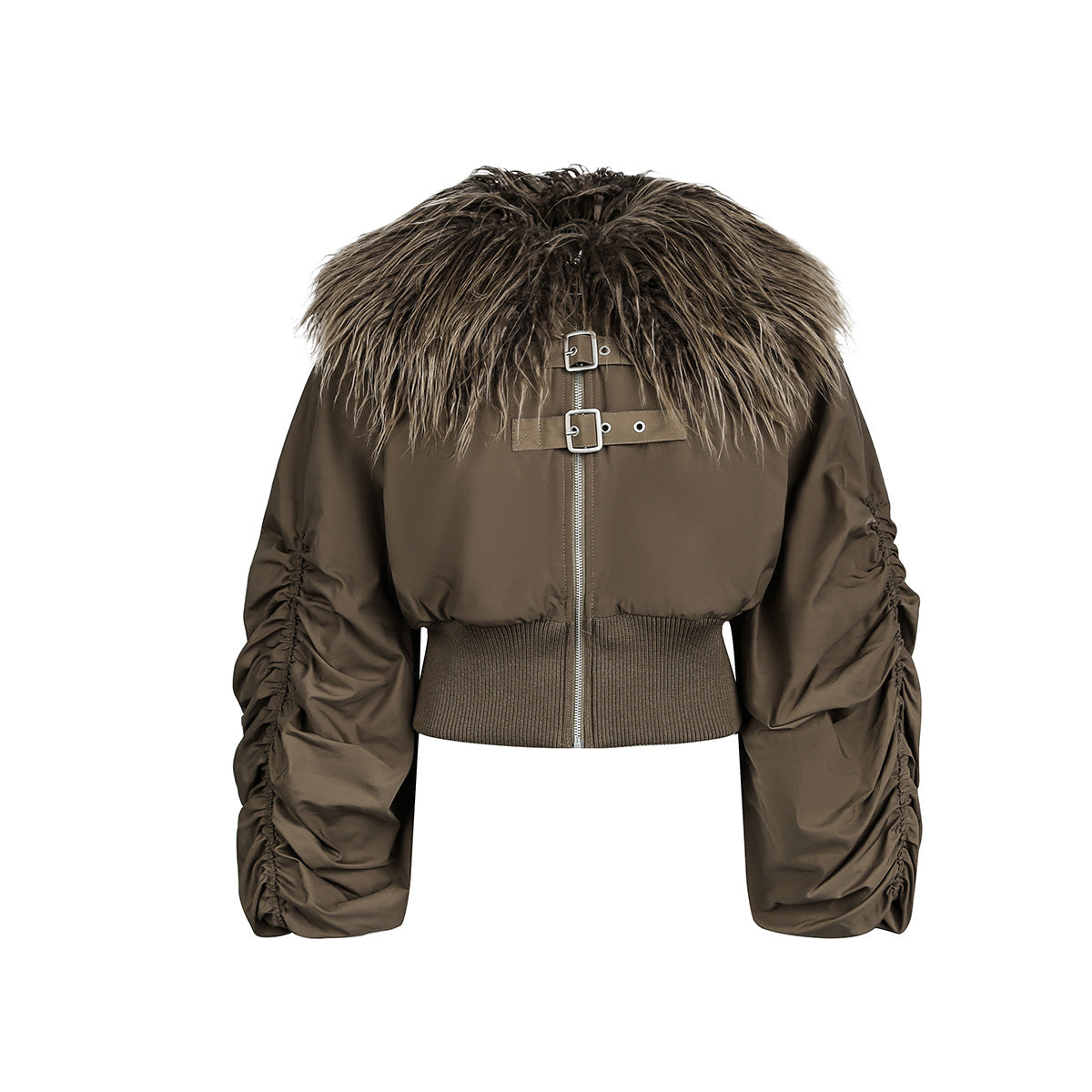 Brown Faux Fur Cropped Zip-Up Bomber
