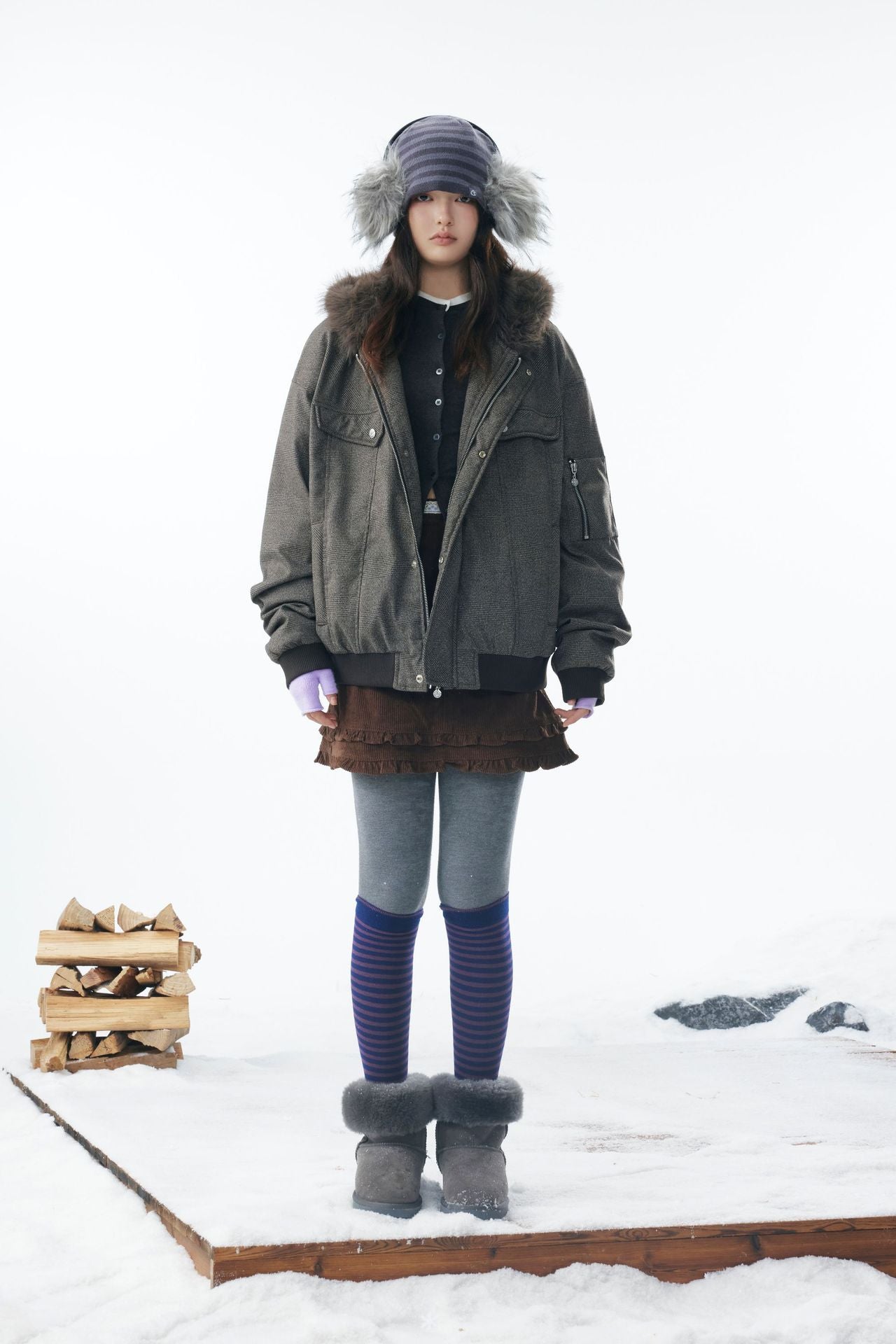 REJECT EJECT | PETTIED | AW25 | Grey Faux Fur Hooded Flight Jacket